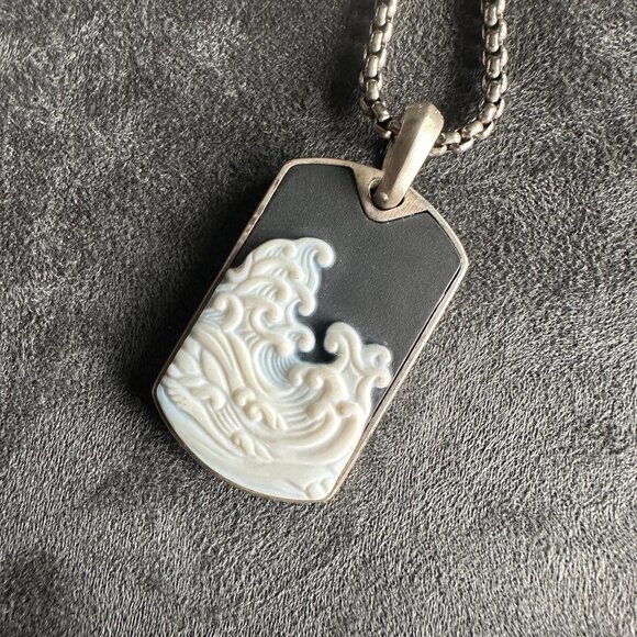 David Yurman Waves Dog Tag w/ White Agate & DY Small Box Chain Necklace 22" - Picture 4 of 13